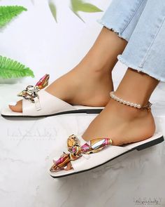 Lasaky - Square toe slippers with scarf decoration Trendy Beige Slip-on Slippers, Trendy Beige Flat Slippers, Chic Slide Slippers For Vacation, Chic Beige Flat Slippers, Elegant Beach Slippers In Synthetic Material, Trendy Beige Open Toe Slippers, Chic Flat Beach Slippers, Casual Flat Slides For Party, Trendy Beige Flat Flip Flops