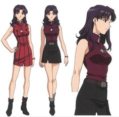 an anime character is standing in three different poses