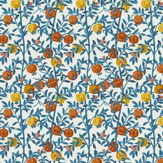 an orange and blue floral pattern on a white background