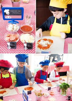 children in chef hats and aprons are making pizza at a table with other kids