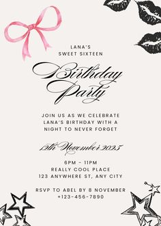 an elegant birthday party with lipstick and stars on the front, in black and white