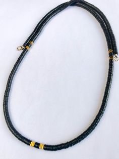 Men's Kofi Necklace Black Beaded Heishi Beads Necklace, Black Heishi Beads Necklace For Gift, Black Heishi Beaded Necklaces, Black Heishi Beads Jewelry, Black Hematite Beaded Necklaces With Round Beads, Adjustable Black Necklace With Gold Beads, Handmade Black Heishi Beads, Hand-strung Black Necklace With Round Beads, Black Hematite Beaded Necklaces