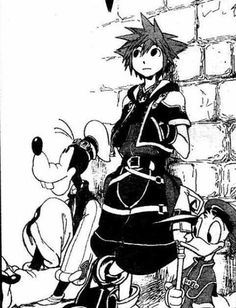 an old black and white drawing of mickey mouse standing next to another cartoon character in front of a brick wall