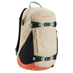 the burton backpack has two straps on each side and is beige with blue trims