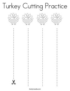 three turkey cutting practice sheets with scissors in the middle and an image of two turkeys on