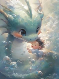 a painting of a child and a dragon in the water with bubbles all around them