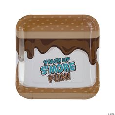 a brown and white cake shaped paper plate with the words, stack up smore fun on it