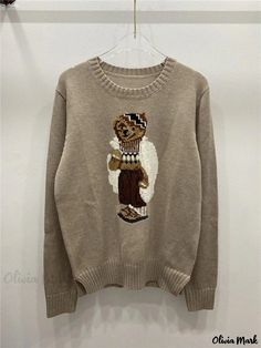 Olivia Mark - Premium Quality Wool Blend Cartoon Bear Sweater with Excellent Elasticity and Durability Teddy Bear Sweater, Teddy Bear Clothes, Bear Sweater, Cartoon Bear, Basic Shirts, Long Sleeve Knit Tops, Bear Cartoon, Knitwear Tops, Wool Blend Sweater