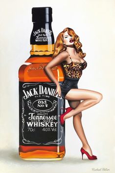 a painting of a woman leaning on a bottle of jack daniels whiskey with her legs crossed