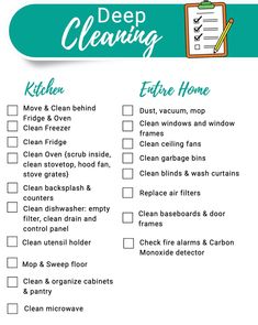 a cleaning checklist with the words deep cleaning on it