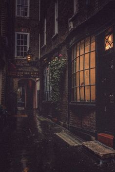 a dark alley with an open door and window on the right side, in front of a brick building at night