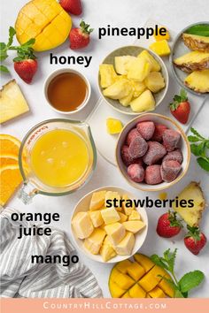 the ingredients for orange juice are arranged in bowls