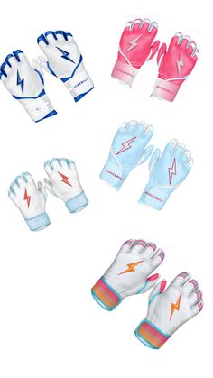 four pairs of gloves with different colors and designs on the palm, one is white