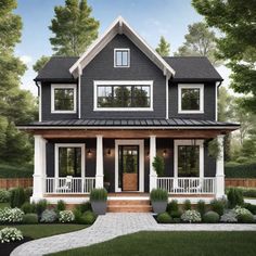 this is an artist's rendering of the front elevation of a house with porches and columns