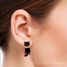 Black Cat Kawaii ear jacket stud earrings, handmade with shrink plastic and covered with resin ... The front back earrings are waterproof. As all of our products, the earrings are made with all the love and dedication that make them one of a kind. You'll find it available in other options, so make sure to check out this link : https://www.etsy.com/shop/MonPetitDelice?ref=seller-platform-mcnav&search_query=cat where you can find necklace, pendants, rings and more with this design, ideal for m Black Halloween Jewelry With Cat Ears, Cute Black Cat Design Earrings, Black Cat Design Novelty Jewelry, Black Cat Design Earrings For Halloween, Novelty Black Cat Design Jewelry, Black Novelty Jewelry With Cat Design, Novelty Black Jewelry With Cat Design, Halloween Black Cat Design Jewelry, Black Cat Ears Jewelry With Cat Design