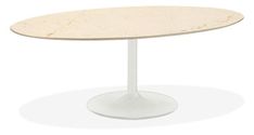 an oval table with a white base and a beige marble top, viewed from the front