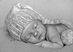 a drawing of a baby wearing a knitted hat and sleeping on it's side