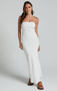 Aaliya Midi Dress - Linen Look Strapless Slip Dress in Off White | Showpo USA Strapless Slip Dress, Dress Linen, Dress Silhouette, Linen Dresses, Easy Wear, Casual Style, A Line Dress, Strapless Dress, Slip Dress