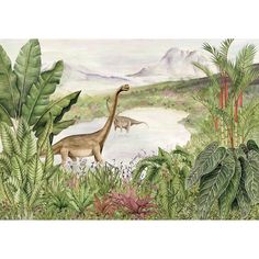 two dinosaurs walking in the jungle with trees and plants