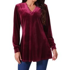 Women's Velvet Top V Neck Long Sleeves Solid Casual Tunic Blouse Loose T-Shirt. This retro-style shirt highlights your elegance and feels smooth and comfortable to the touch. Solid color, long sleeve, v-neck basic top. Regular fit. Perfect for pairing with jeans or leggings as well as heels. Suitable for work, business, office, daily wear, casual outings, shopping, dates, beach, vacation, home, school, parties, and other occasions in summer, spring, and fall. The velvet top is hot and comfortabl Lace Peplum Blouse, Casual Tunics, Lace Peplum, Velvet Top, School Parties, Loose Blouse, Velvet Tops, Tunic Blouse, Style Shirt