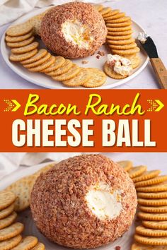 bacon ranch cheese ball on a plate with crackers