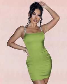 Slay in Style: The Ultimate Satin Party Dress! Indulge in the epitome of sophistication and style with our Glow Bodycon Mini Dress - Green, exclusively from Slay Eclectic. Picture yourself standing in the studio lights, the rhinestones catching the glimmer in your eye. The spaghetti straps complement your shoulders and neckline. The satin fabric drapes smoothly over your body, and the straight neckline adds an element of boldness. It's a look that exudes confidence and allure, ready to make a st Satin Party Dress, Satin Bodycon Dress, Studio Lights, Glamour Dress, Rhinestone Embellishments, Straight Neckline, Fashion Hub, Draped Fabric, Express Dresses