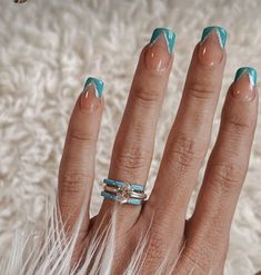 Western Nail Ideas Almond Shape, Navy Blue Western Nails, Simple Accent Nail Ideas, Tourquise Nails Design Short, Turquoise Nail Design, Western Hoco Nails, Country Nails Simple, Western French Tips, Western Nail Inspo Acrylic