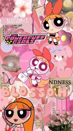 the powerpuff girls collage is shown in pink and purple colors with flowers