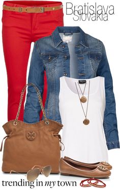 "Trending in My Town" by martina-16 ❤ liked on Polyvore Red Pants Outfit, Red Jeans, Outfit Jeans, Red Pants, Looks Chic, Wearing Red, Jean Outfits