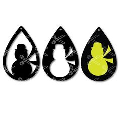 three black and yellow tear shaped cut outs with the silhouettes of people inside them