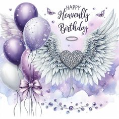 a birthday card with balloons and an angel wings on the front, surrounded by other balloons