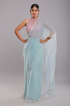 Ice blue pre-draped saree with embroidered border. Paired with pearl embroidered padded blouse. - Aza Fashions Fusion Style Pre-draped Saree For Diwali, Draped Fitted Organza Saree, Diwali Fusion Style Pre-draped Saree, Organza Pre-draped Saree For Reception, Fusion Style Pre-draped Saree With Zari Work, Fusion Style Pre-draped Saree For Designer Wear, Fusion Style Saree With Unstitched Blouse, Fusion Style Pre-draped Wedding Saree, Fitted Fusion Saree With Traditional Drape