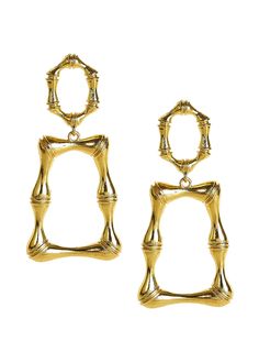 two pairs of gold toned metal earrings on a white background, one with an open square and