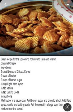 the recipe for caramel crispy cereal is shown in an instagram post on facebook