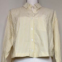 Yellow And White, Cropped, Button Down Shirt. Yellow Cotton Button-up Shirt, Mustard Collared Casual Top, Yellow Cotton Shirt With Buttons, Casual Mustard Collared Top, Casual Yellow Button-up Shirt, Yellow Button-up Tops For Spring, Mustard Button-up Casual Top, Yellow Relaxed Fit Collared Blouse, Mustard Casual Button-up Top