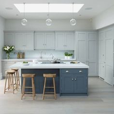 a large kitchen with two stools in it