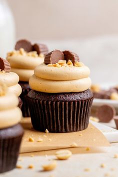 chocolate cupcakes with peanut butter frosting and sprinkles on top