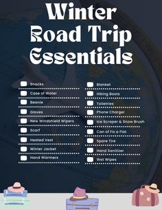 the winter road trip essentials list is shown with suitcases and luggage on it