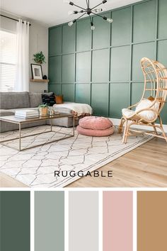 a living room filled with furniture and color swatches in shades of gray, pink, green