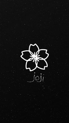 a white flower on a black background with the word joi written in large letters