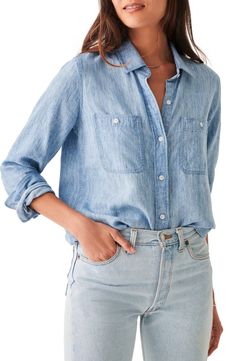 Faherty Chambray Button-Up Shirt | Nordstrom Neutral Pants, Outfit Planner, Neutral Sweaters, Spring Staples, Ladies Style, Spring Capsule Wardrobe, Chambray Shirt, White Denim, Denim Shirt