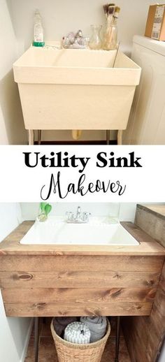 a bathroom sink with the words utility sink makeover above it and below it are two pictures