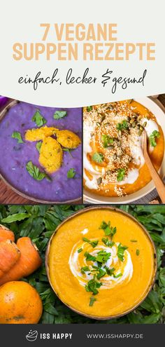 different types of soups with text overlay that reads 7 vegan supenrezepte