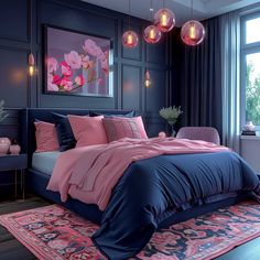 a bedroom with pink and blue bedding in the corner, chandelier hanging from the ceiling