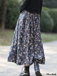 Olivia Mark - Artistic Vintage Midi Skirt with High Waist and Floral Print Bohemian Cotton Maxi Skirt For Fall, Non-stretch Cotton Skirt With Floral Print, Bohemian Floral Print Fall Skirt, Fall Bohemian Skirt With Floral Print, Fall Bohemian Floral Print Skirt, Non-stretch Multicolor Floral Print Skirt, Bohemian Full Skirt With Floral Print, Bohemian Fall Skirt With Elastic Waistband, Fall Bohemian Skirt With Elastic Waistband