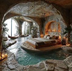 a bedroom with a pool in the middle