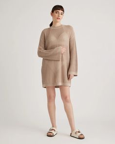 100% Organic Cotton Open-Knit Long Sleeve Cover-Up Mini Dress Knitted Sweater Dress For Loungewear, Casual Long Sleeve Sweater Dress For Beach, Cotton Crochet Dress For Daywear, Casual Neutral Sweater Dress, Casual Cotton Crochet Dress, Summer Cotton Sweater For Daywear, Beige Ribbed Sweater Dress For Summer, Summer Beige Ribbed Sweater Dress, Casual Long Sleeve Beige Crochet Dress