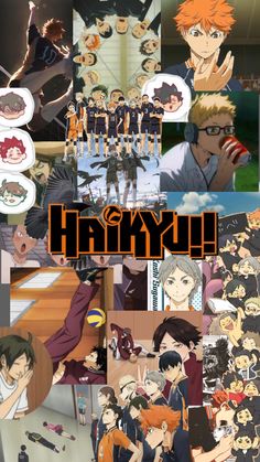 an anime collage with many different characters and their name in the center, on top of