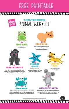 an animal workout poster with the words free printable for kids to use in their classroom