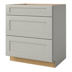 a white cabinet with two drawers and a light brown drawer handle on the bottom, in front of a white background